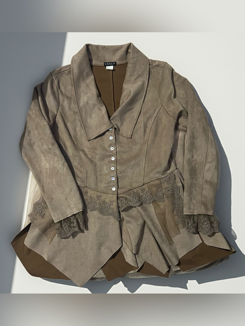 VENUS Taupe Lace-Trim Faux Suede Blazer Jacket